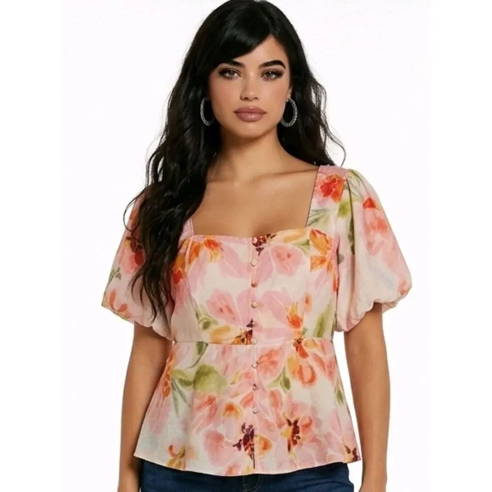 Torrid Floral Peplum Square Neck Puff Sleeve Top Size 0